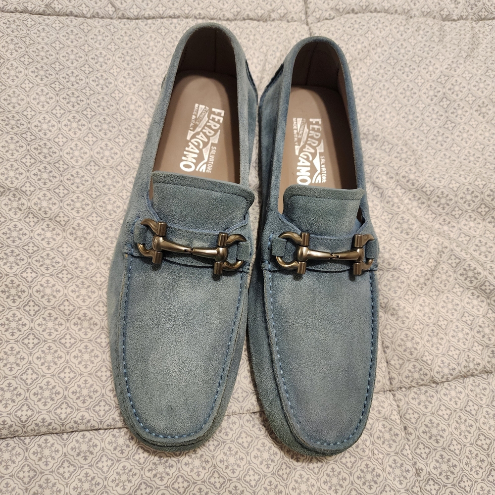 Salvatore Ferragamo Blue Suede Men's Loafers 9EE, Light Blue Denim Color Suade